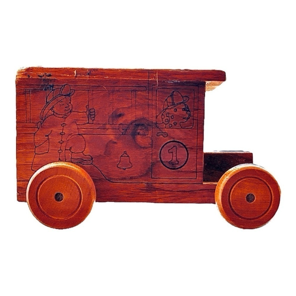 Rare Vintage Collectors Wooden Fire Truck Bank & Music Box